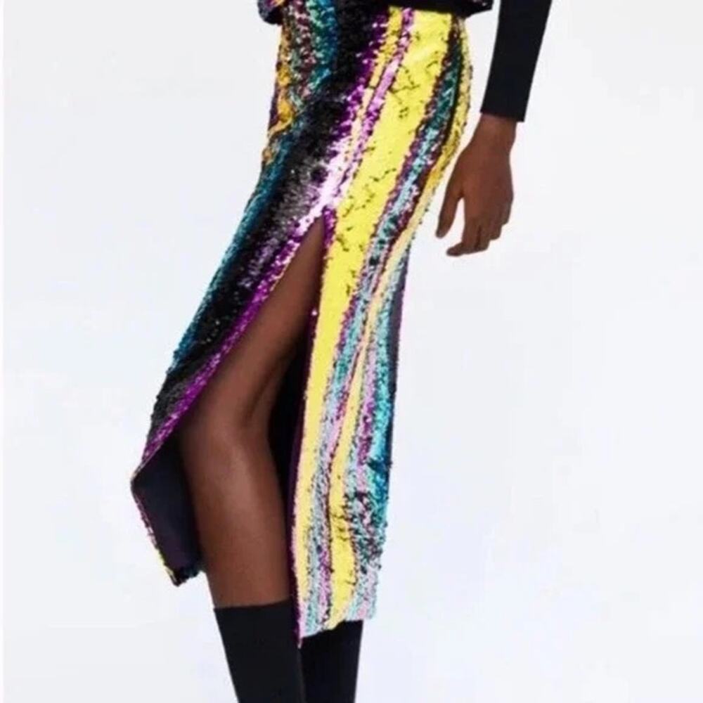 Zara Striped Sequin Midi Skirt in Teal, Yellow, Purple, Black - Picture 8 of 9